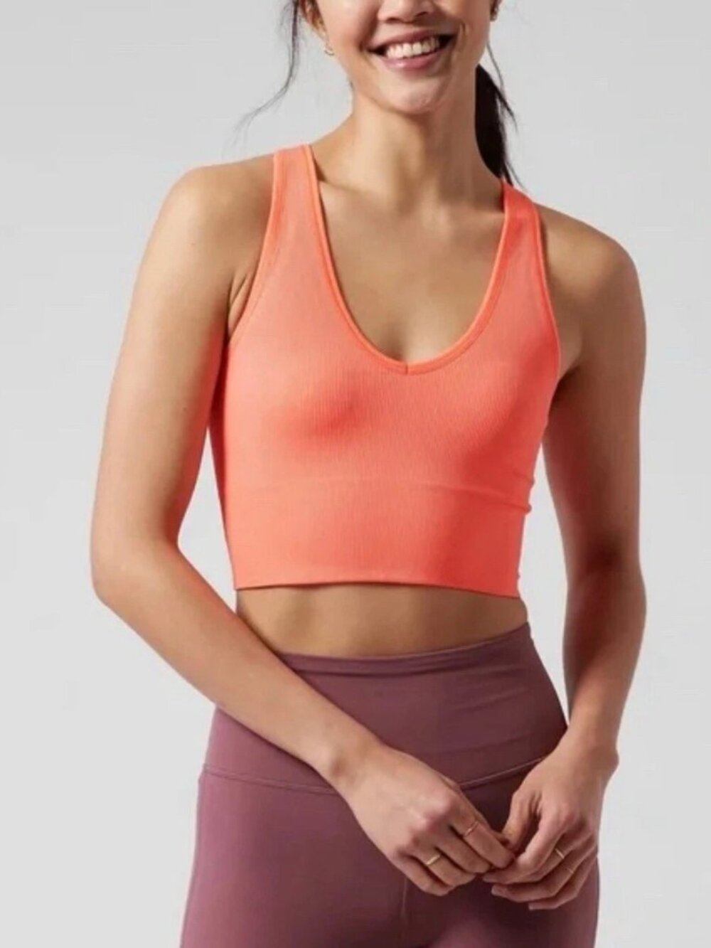 Athleta Aurora Seamless Cropped Tank Top Coral Orange Ribbed Knit Workout S